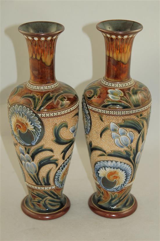 A pair of Doulton Lambeth stoneware baluster vases, by Eliza Simmance, c.1900, 32cm